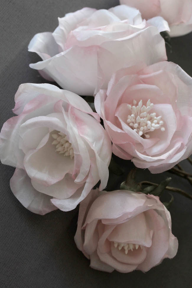 Ravishing Roses Soft pink silk flowers on the workbench TANIA MARAS