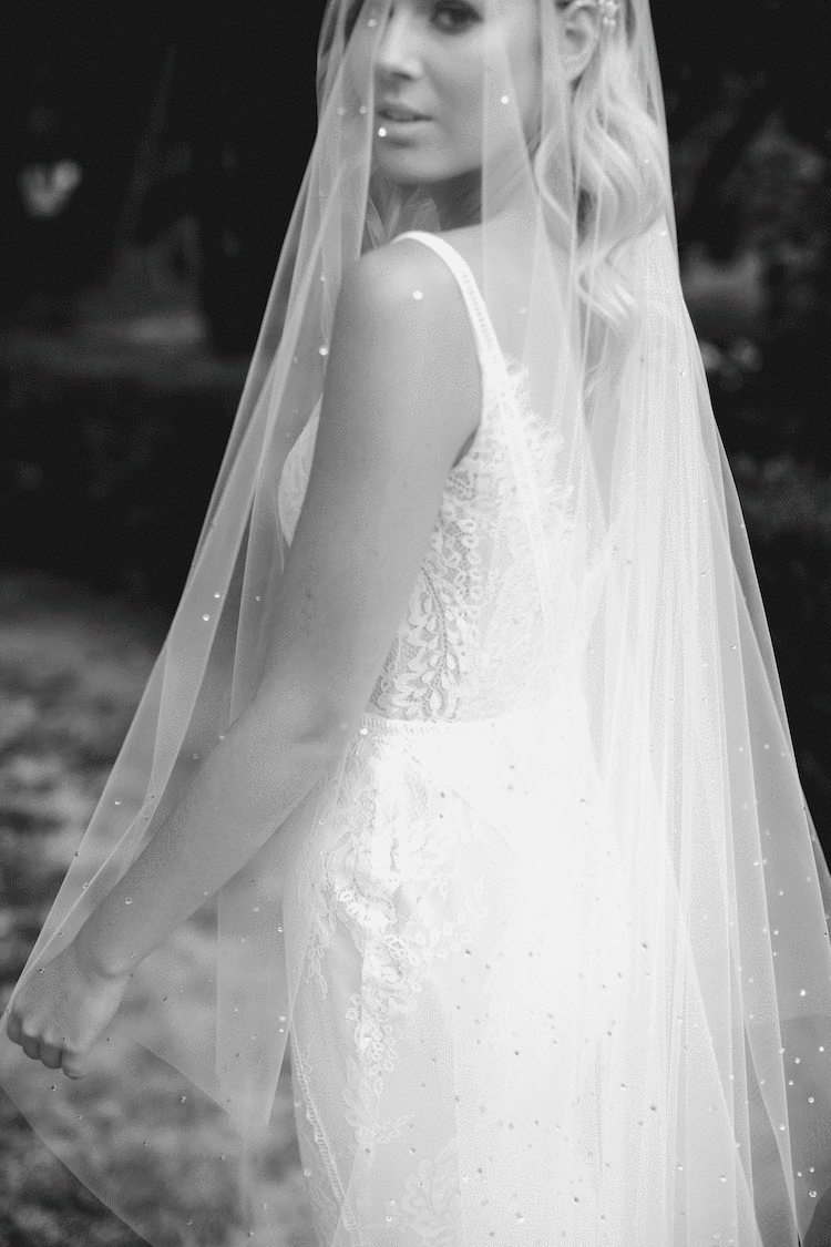 Knee Length Wedding Veil with Scattered Pearls and Crystals