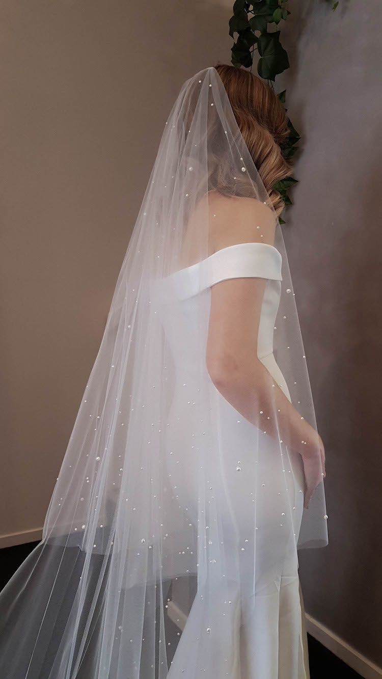 Black Pearl Cathedral Veil With Blusher Long Soft Tulle Veil With Pearls  Floor Wedding Veil Bridal Chapel Veil With Pearls L Pearl Veil 