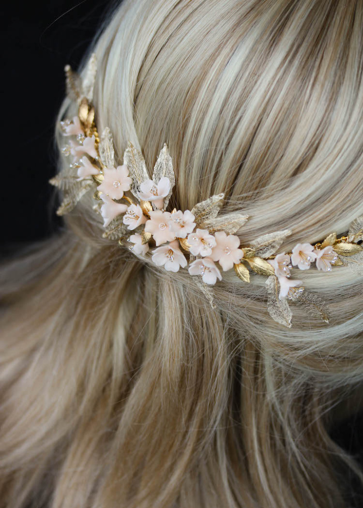 Blush Tints | A gold and blush floral wedding headpiece for bride Nhi ...