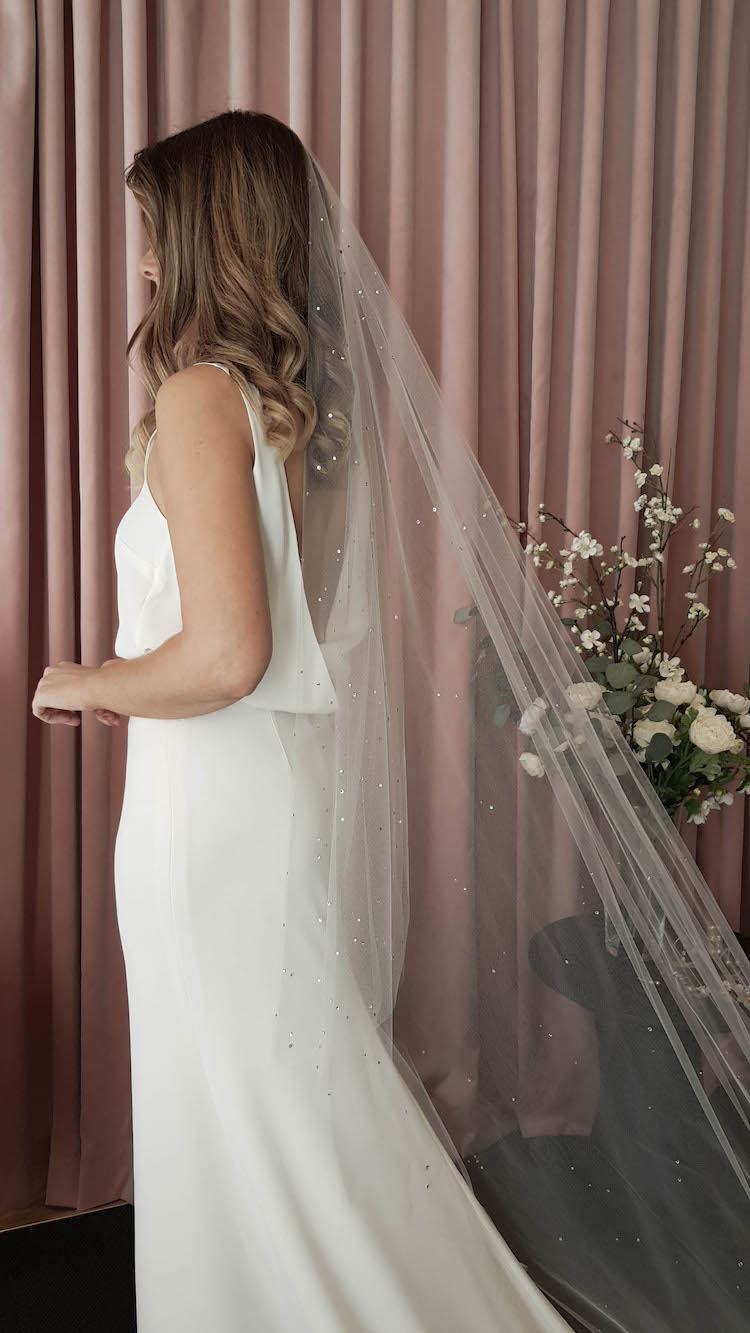 Knee Length Wedding Veil with Scattered Pearls and Crystals