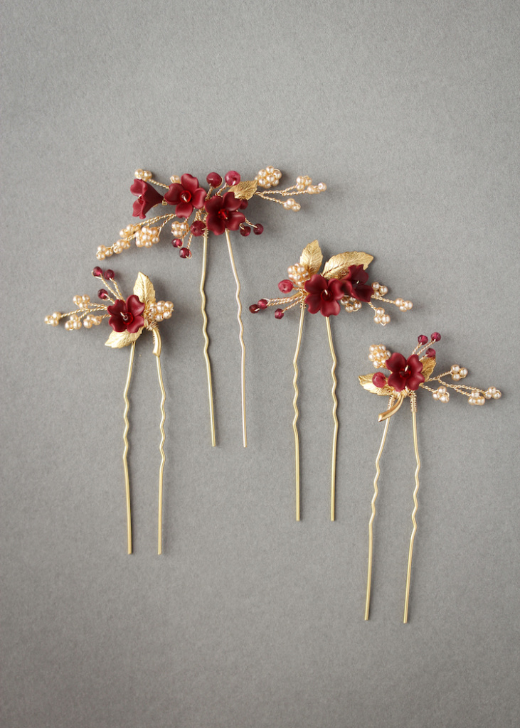 Gold and regal red bridal hair pins for Ella - TANIA MARAS BRIDAL