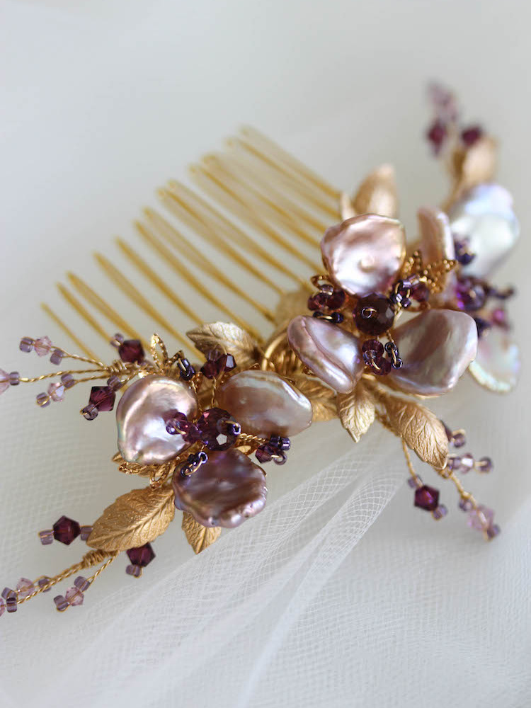 Bespoke For Audrey Gold Purple Orchid Hair Comb 6