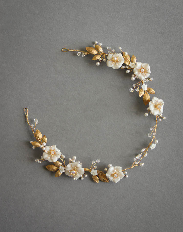 Bespoke For Samantha Gold Poetic Bridal Headpiece With Scattered Flowers And Pearls 6