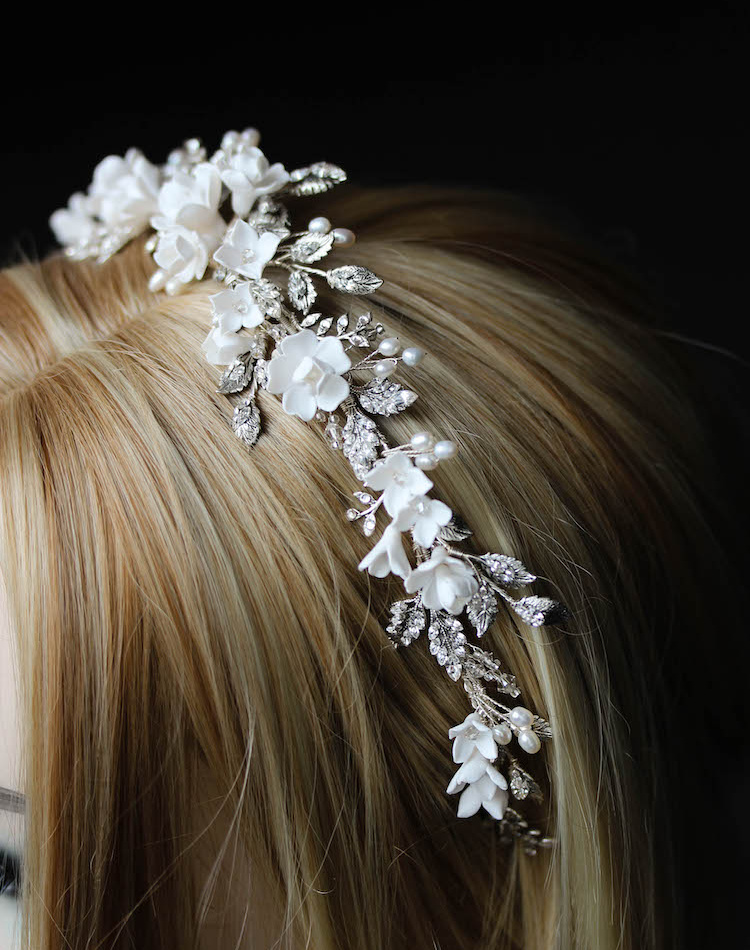 Bespoke For Samantha Silver Crystal Crown With White Flowers 2