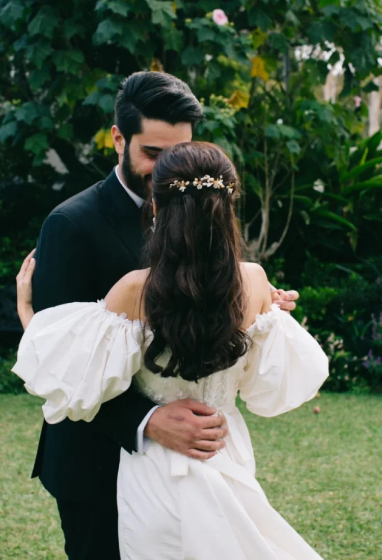 Bride Carmen Wearing Meadow Hair Pins In Gold 2 683x1024