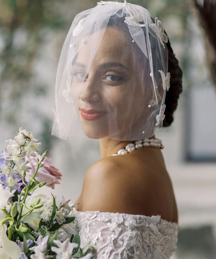 Bride Kiana Wears Custom Birdcage Veil + Double Pearl Necklace 1