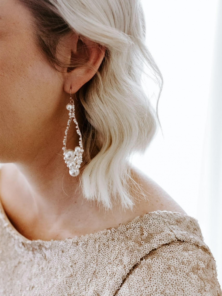 Bride Melane Wears Zoe Pearl Drop Earrings 2.jpeg