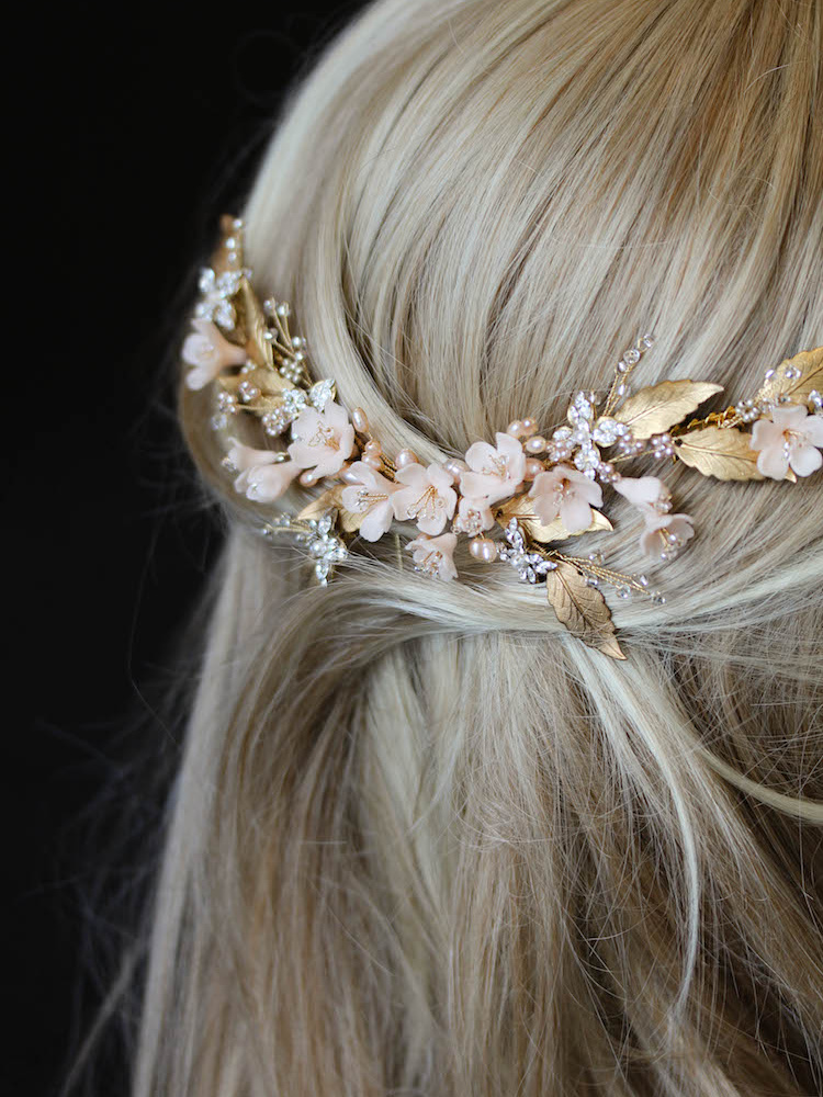 Honeysuckle Bespoke Gold And Blush Pink Headpiece For Bride Leza 2