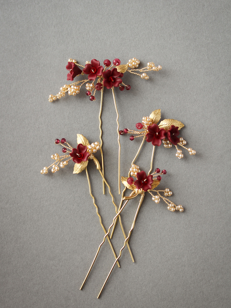 Regal Red And Gold Floral Hair Pins For Ella 1