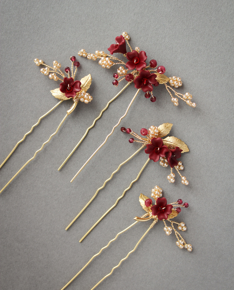 Gold and regal red bridal hair pins for Ella | Tania Maras