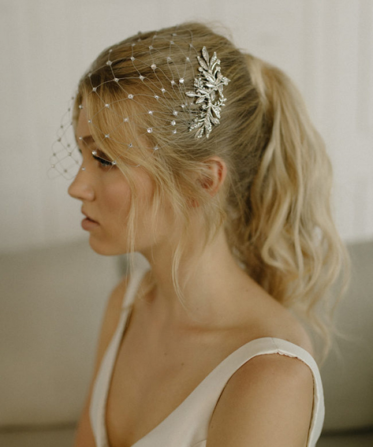 Stargazer Crystal Birdcage Veil For Wedding Ponytails